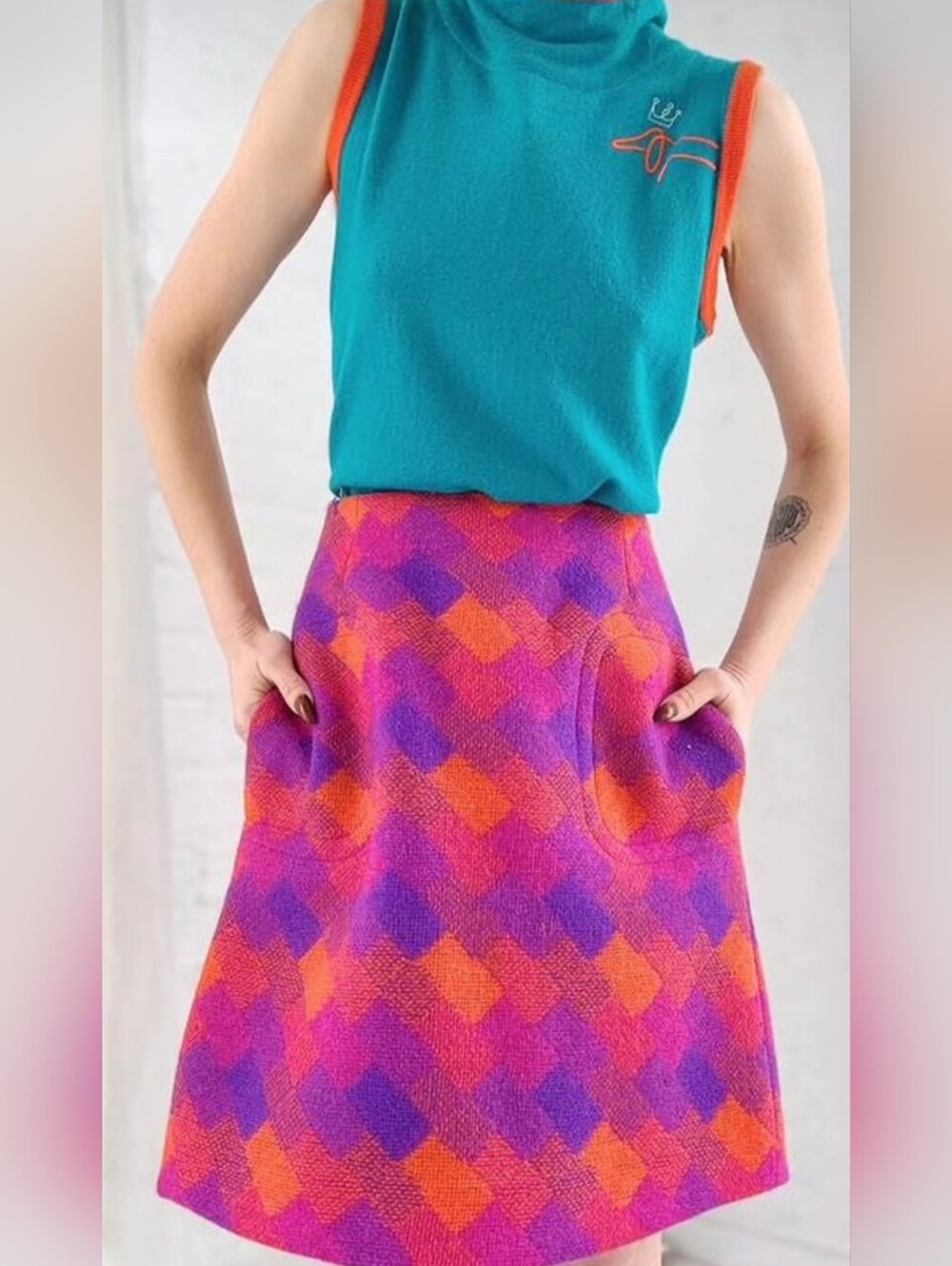 Vintage Vibrant Pink, Orange & Purple Ombre Geometric A-Line Tweed Skirt